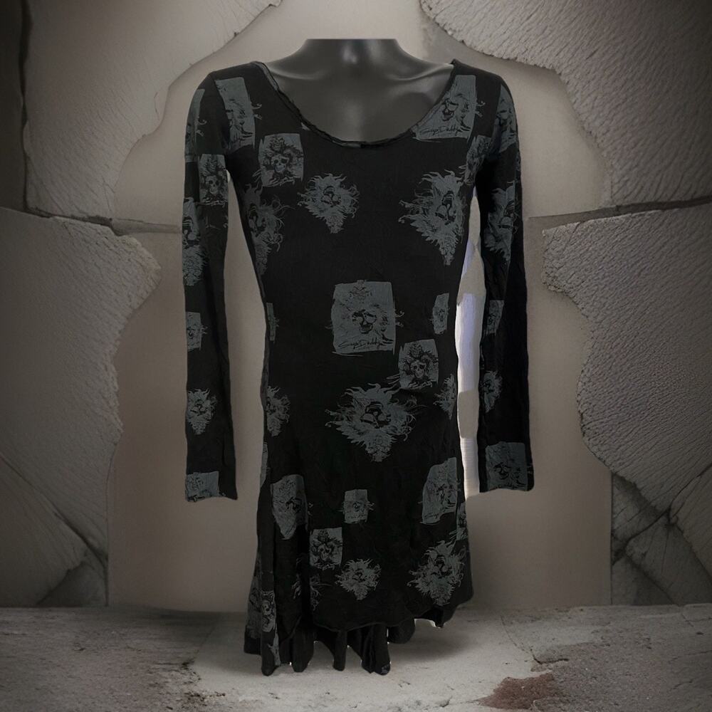 VTG Y2K Tunic Dress Asymmetric Hem Boat Neck Goth Skulls Flames Tattoo Graphic